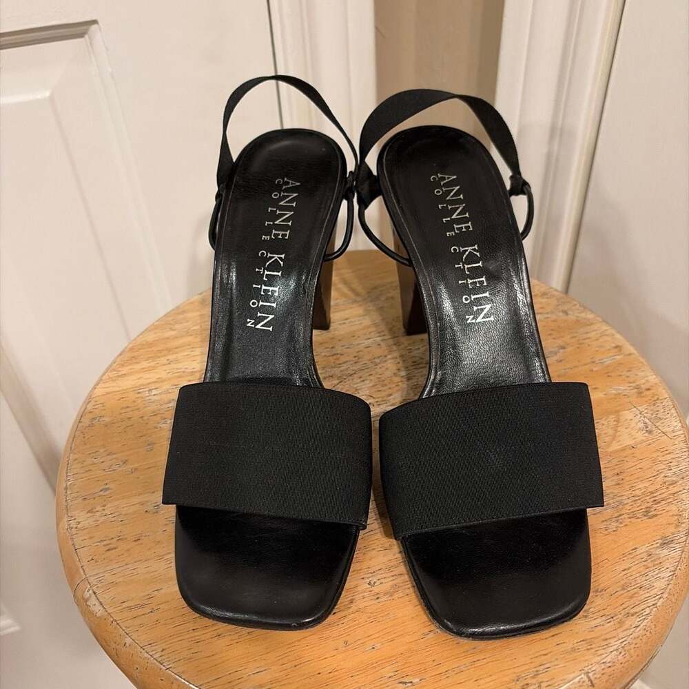 Anne Klein Black Elastic Slingback Block Heel Sandals Size 8M Made in Italy